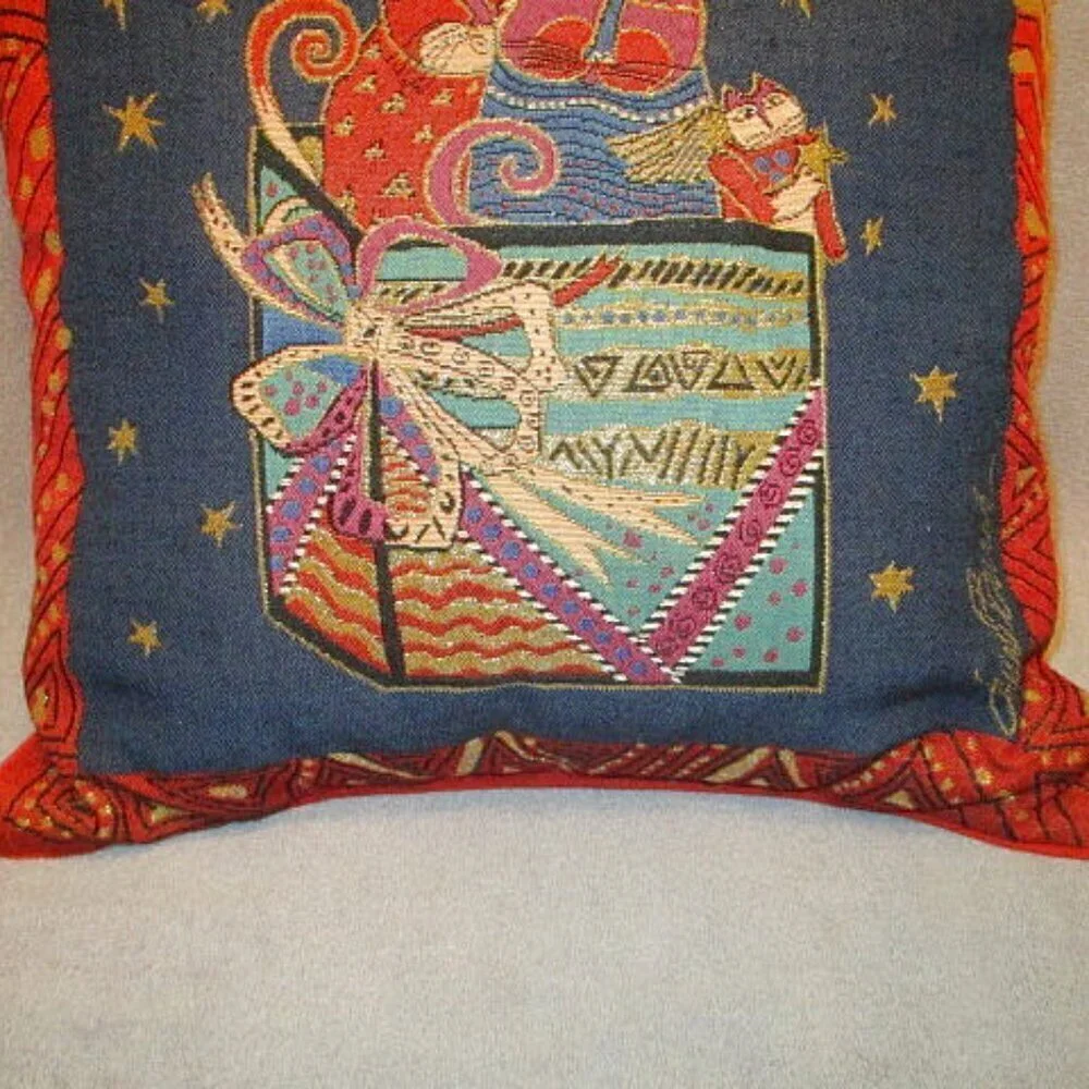Vtg Laurel Burch Cat Tapestry Pillow 18” Stars Kitty Velvet Metallic Y2K 90s EUC